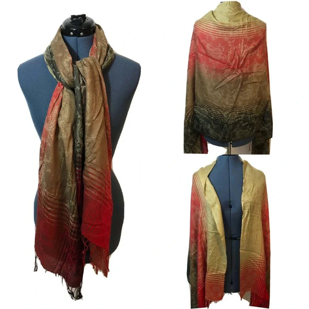 Chinar Red Beige Gold Paisley Striped Silk Blend Fringed Pashmina Scarf Wrap